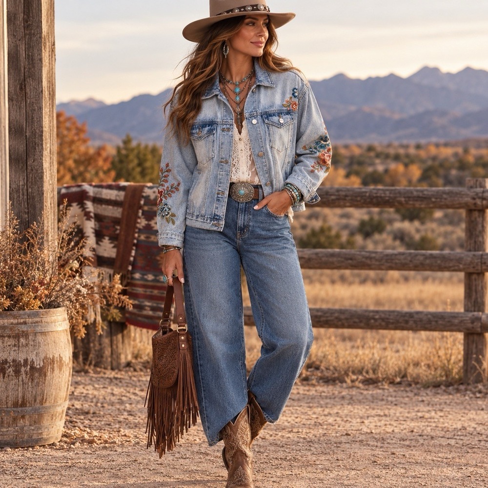 Driftwood Embroidered Floral Denim Trucker Jacket Womens L Western Boho Cowgirl